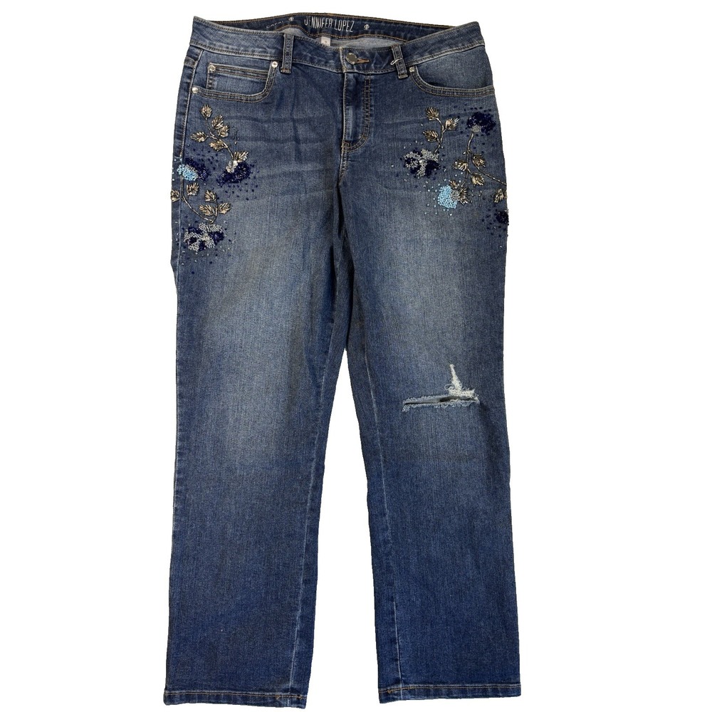 Jennifer Lopez Women's 10 Capri Jeans‎ Beaded Floral Embellished Y2K Distressed